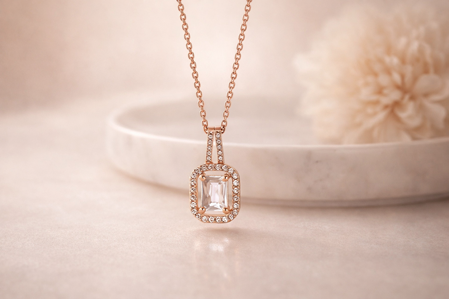 Rose Gold Emerald Cut Halo Pendant
