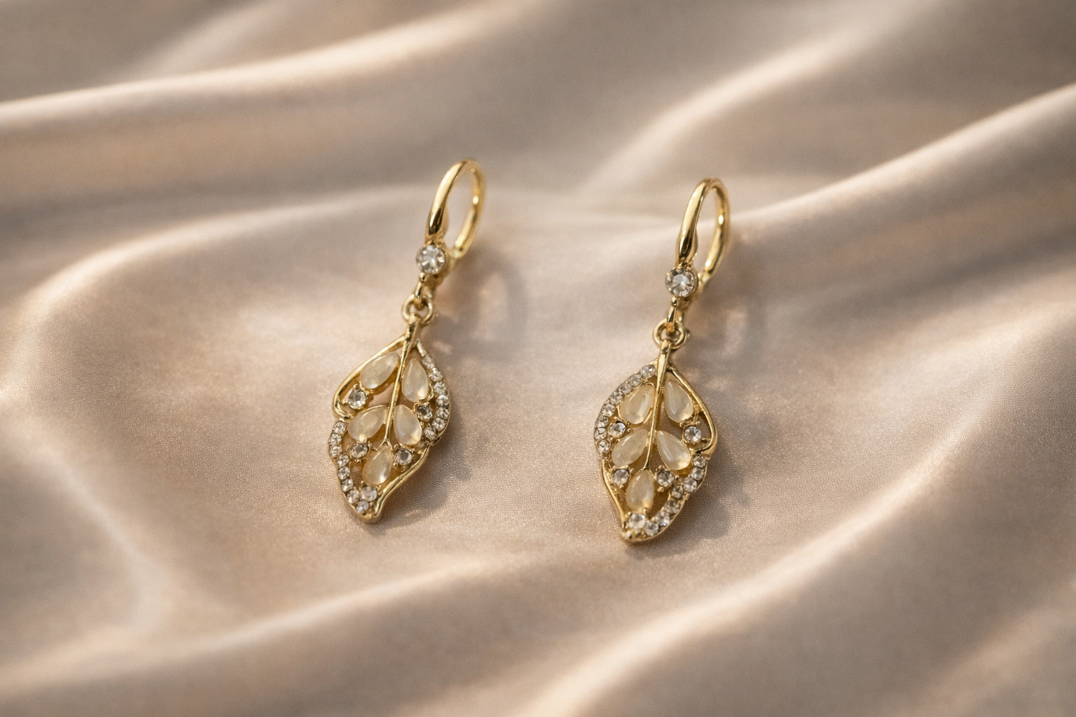 Golden Leaf Crystal Drop Earrings