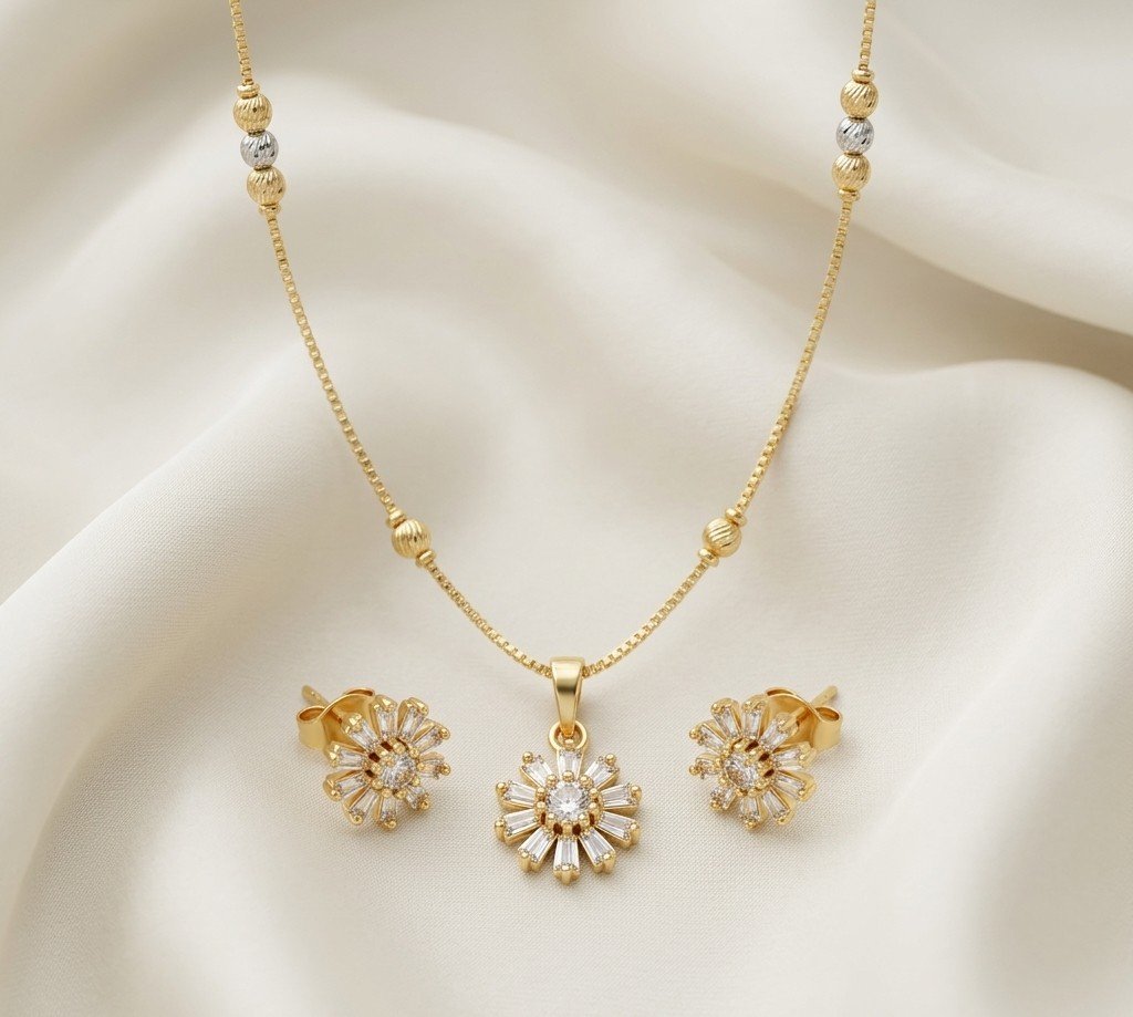 Golden Floral Pendant Necklace Set