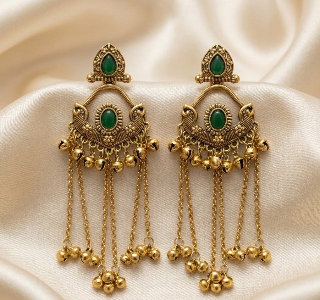 Emerald Ghungroo Tassel Earrings