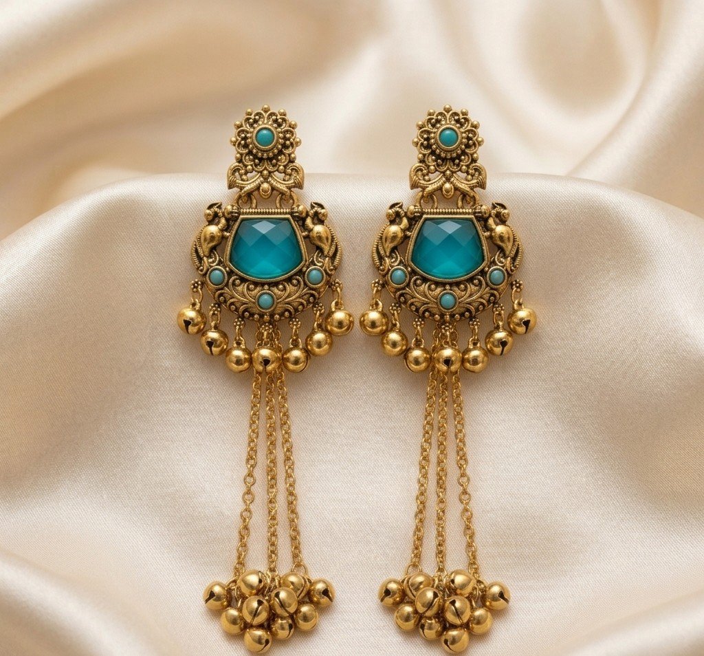 Heritage Teal Ghungroo Drop Earrings