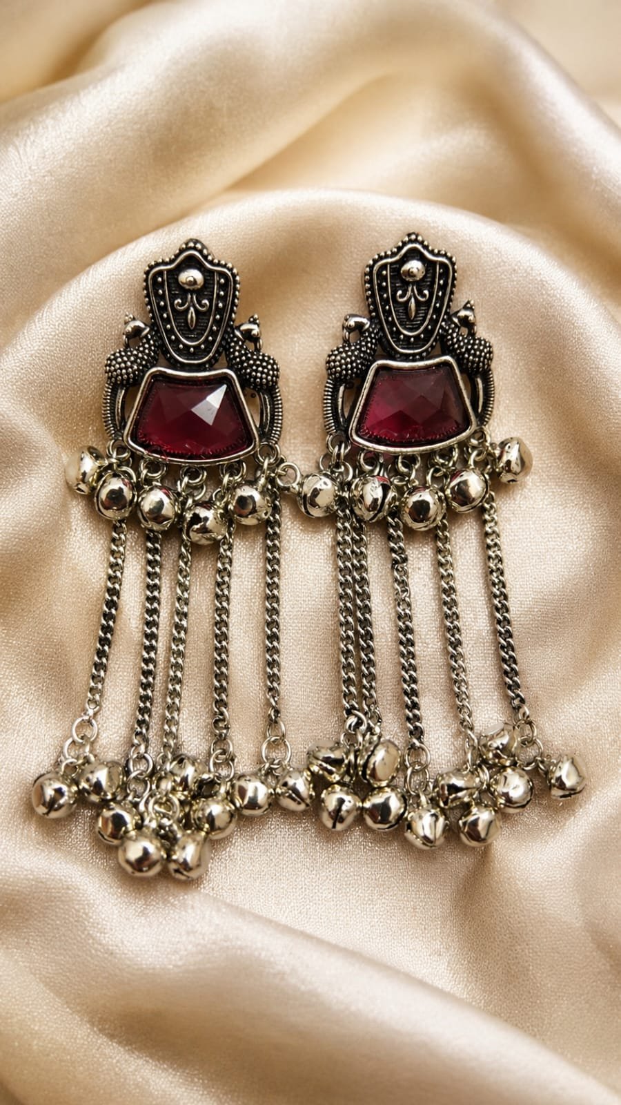 Royal Ruby Oxidized Ghungroo Earrings