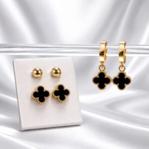 Elegant 3-Pair Black Clover & Golden Ball Earrings Combo Set