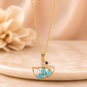 Aqua Crystal Swan Gold Pendant