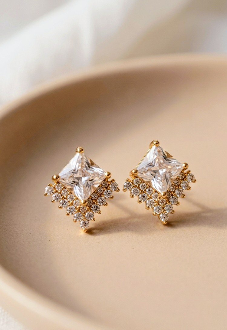 Royal Diamond-Style Square Stud Earrings